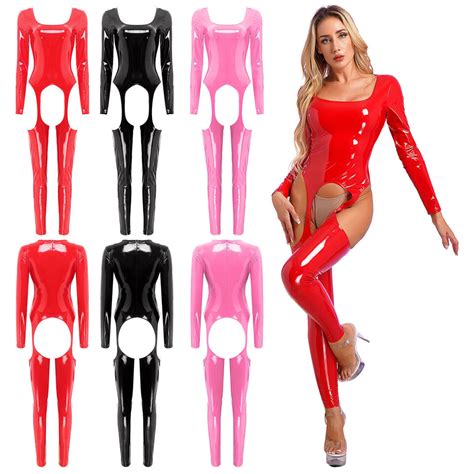Women S Wet Look Bodysuit Patent Leather Lingerie Catsuit Clubwear Jumpsuit EBay