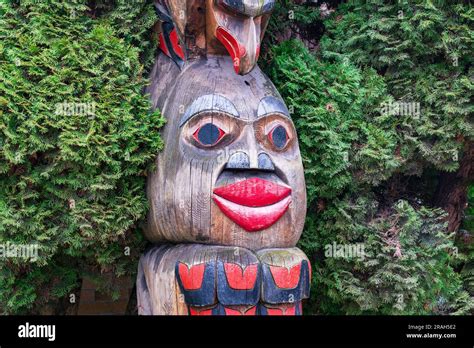 Closeup Of A Totem Pole In Duncan British Columbnia Canada Stock