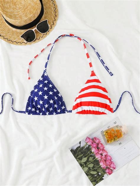 Swim Vcay Plus Size Women Th Of July USA Flag Print Halter Tie Up Bikini Top Sexy Fashion For