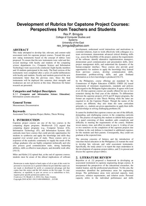 Development Of Rubrics For Capstone Project Courses Perspectives From