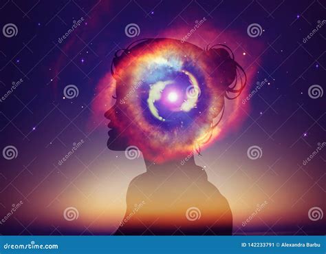 Woman Head Universe Inspiration Enlightenment Spiritual Awakening Stock