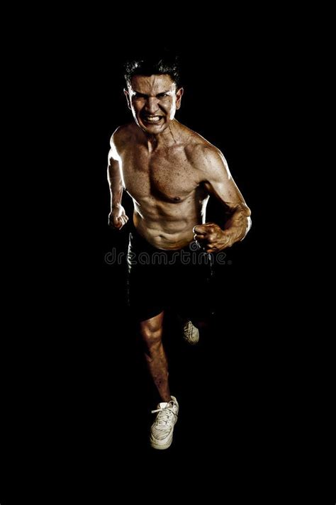 Strong Fit Man With Ripped Body Muscles Running Determined Hard Doing Sprint Workout Naked Torso