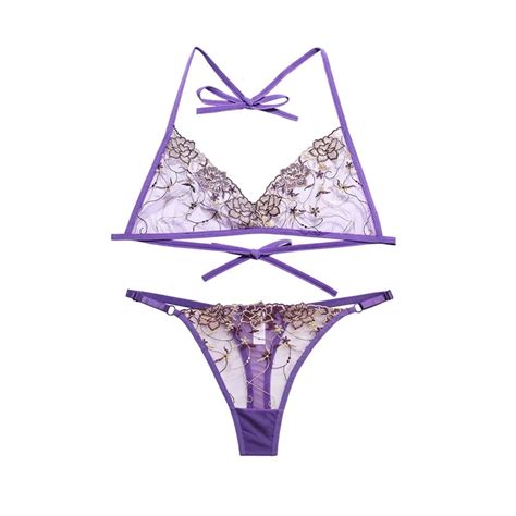 Women S Sexy Lingerie Set Transparent Mesh Embroidery French Underwear Binding Bra Thong Suit