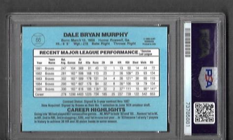 Dale Murphy Vintage 1986 Donruss 66 Braves Psa Graded Strong Mint