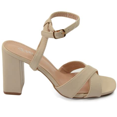 Sandalo Donna Nude Beige Con Tacco Comodo Largo Cm Fasce Comode Intrecciate Cinturino Alla