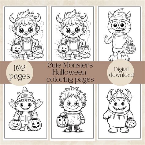 Cute Monsters Halloween Coloring Pages for Kids, Halloween Coloring ...