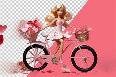 Premium Psd Cute Barbie Riding A Bicycle With Floating Hearts