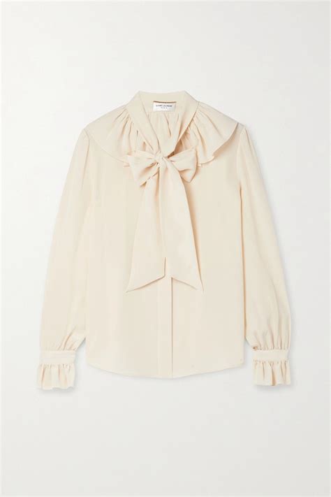 Saint Laurent Pussy Bow Ruffled Silk Crepe De Chine Blouse Cream Fr38 Artofit