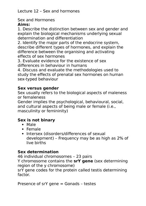 Lecture Sex And Hormones Sex And Hormones Aims Describe The Distinction Between Sex And