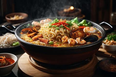 Premium Ai Image Noodles Spicy Boil With Seafood Shrimp Vegetable Food And Pork In Hot Pot