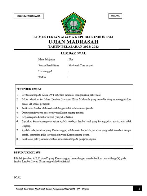 Soal Ujian Madrasah Um Tahun 2023 Pdf