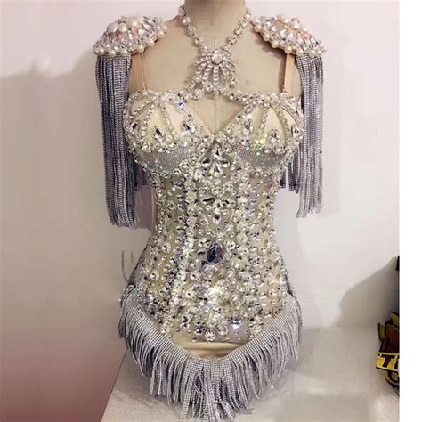 Sparkly Silver Crystals Bodysuit Women Tassel Leotard Outfit Female Bar Nightclub Dance Stage