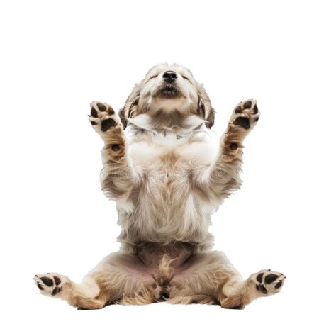 cute dog sitting   raising paws  white background stock