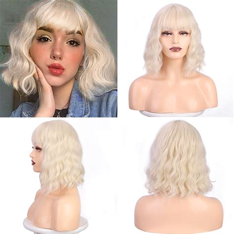 Synthetic Blonde Wigs Short Wavy Bob Wig With Bangs For Woman Claret Cosplay Wigs Heat Resistant