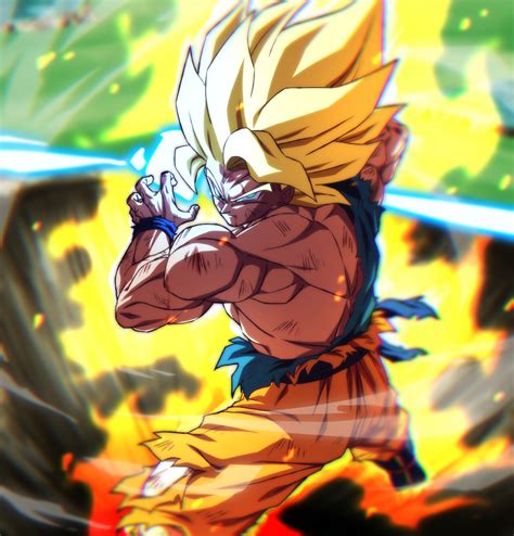 Rom Son Goku Dragon Ball Dragonball Z Boy Aura Blonde Hair Blue Eyes Kamehameha