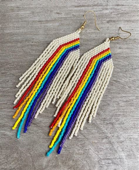 Retro Rainbow Beaded Fringe Earrings Etsy Beaded Earrings Tutorials