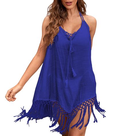 Celivon Womens Swimsuit Cover Up Slub Cotton Beach Solid Color Sling Tassel Bikini Casual