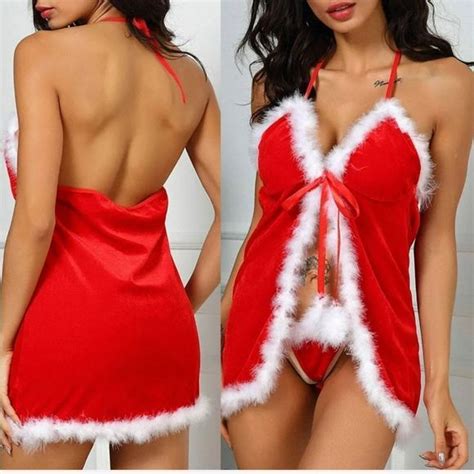 ExyFunShop Intimates Sleepwear Womenchristmas Lingerie Red Babydoll Lace Mrs Claus Santa