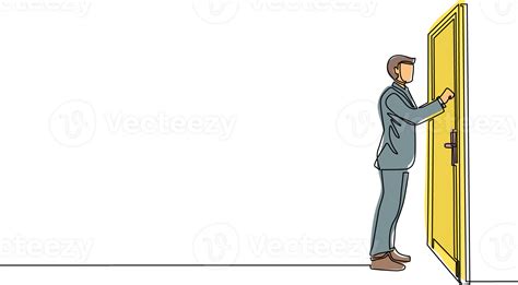 Single One Line Drawing Businessman Knocking At Door Man Standing At