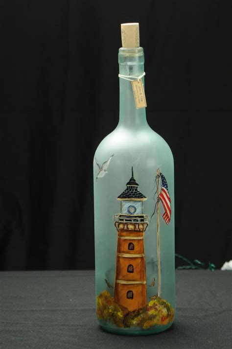 1 5 Ltr Hand Painted Lighted Wine Bottle Lamp Lighthouse In Fall With Seagull And Flag Etsy