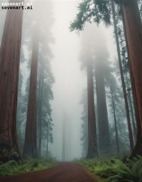 A Dense Fog Rolling Through A Majestic Redwood Forest Creating An