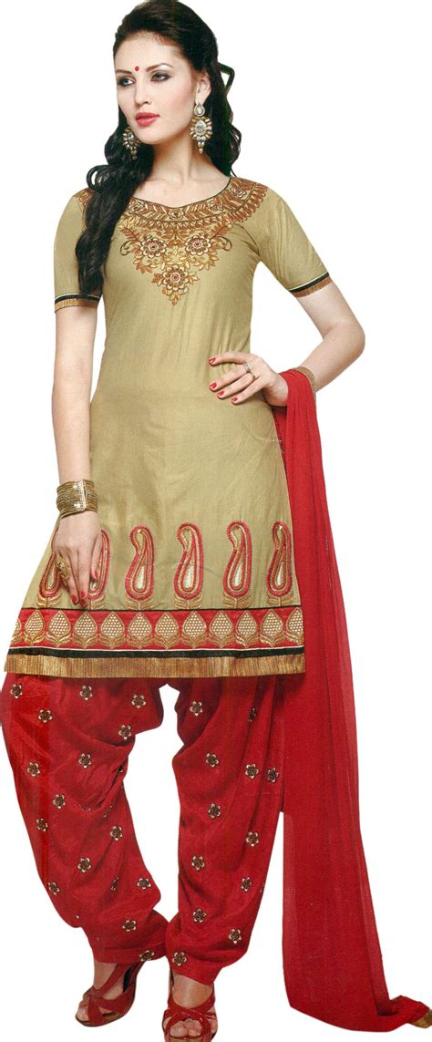 Parsnip And Red Patiala Salwar Kameez Suit With Embroidered Florals And Paisleys Exotic India Art