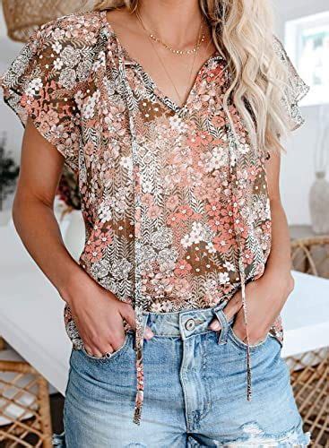 Simplefun Womens Boho Tops Floral V Neck Summer Blouse