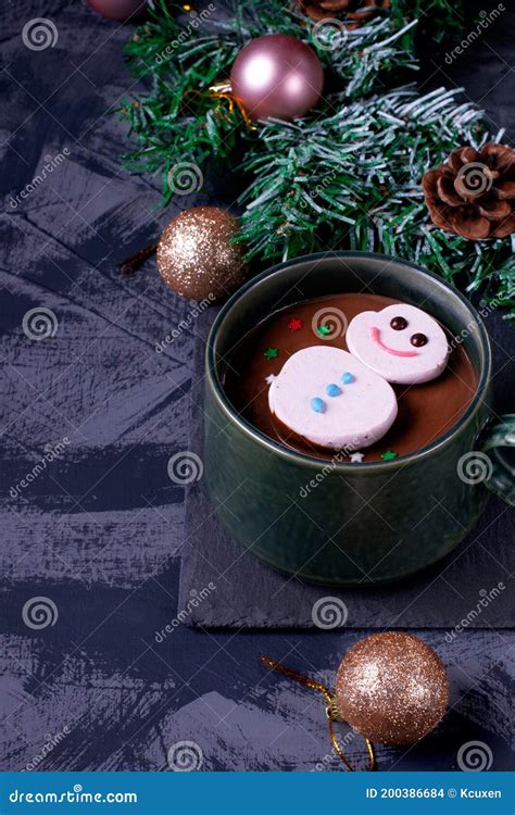 Cute Marshmallow Snowman Floating On Hot Chocolate Stock Photo Image Of Cones Cacao