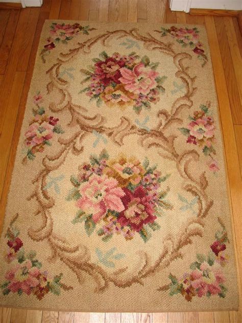 40s 50s Vintage Mohawk Shangay Hooked Wool Rug Rose Floral 3x5