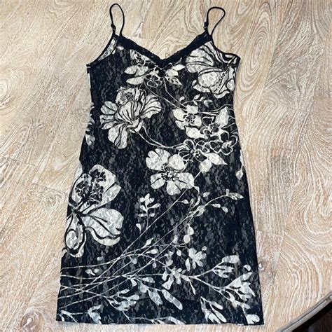 Vintage Lingerie Slip Dress Black White Floral Lace S Gem