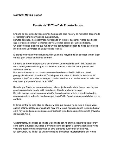 Resumen y Analisis de EL TUNEL de Ernesto Sábato Nombre Matias