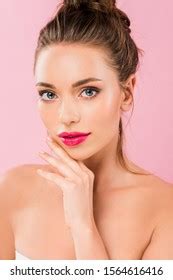 Naked Beautiful Woman Pink Lips Posing Stock Photo