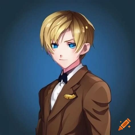 Serious Androgynous Anime Character With Blue Eyes And Blonde Hair In A Brown Suit On Craiyon