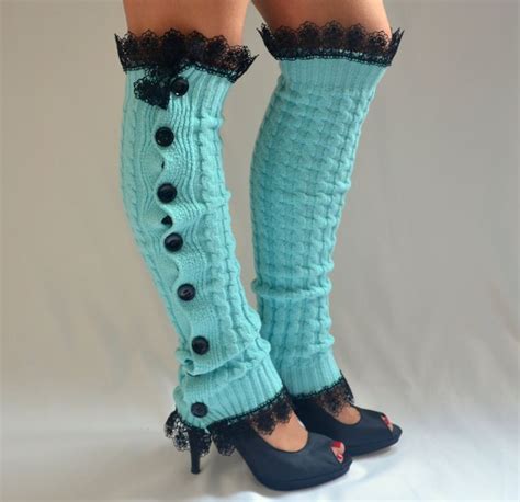 Mint Green Cable Knit Slouchy Open Button Down Lace Leg Warmers Boot