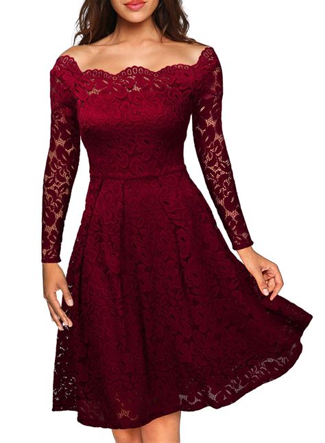 Missmay Womens Vintage Floral Lace Long Sleeve Boat Neck Cocktail Formal Swing Dress