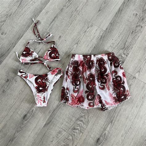 Red Black White Dragon Bikini With Mesh Coverup Depop