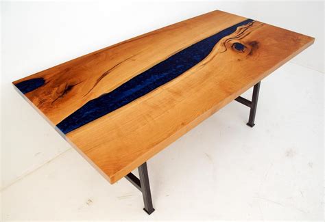 Cherry Wood Dining Table Deep Blue Resin Wood Table