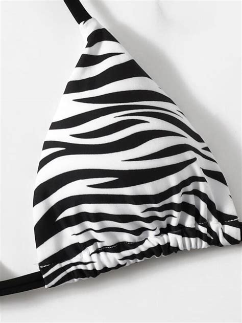 SHEIN Swim Vcay Zebra Striped Bikini Set Halter Triangle Bra Tie Side Bottom Piece Swimsuit