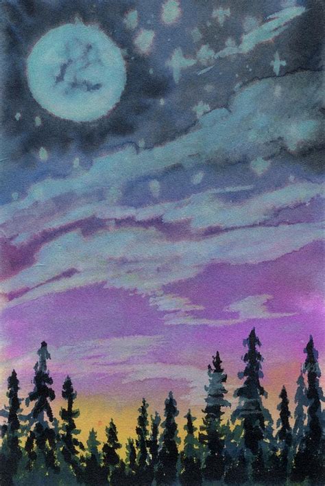 Watercolor Moonlight and Trees Painting by Danielle Dutson - Pixels