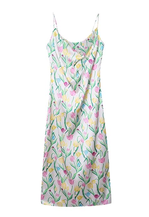 Watercolor Tulip Print Satin Cami Dress Retro Indie And Unique Fashion