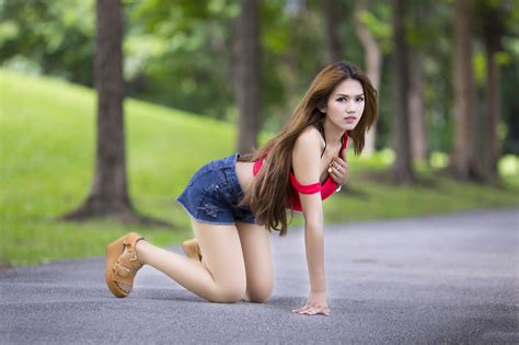 Asian Bokeh Pose Brown Haired Hands Shorts Legs Pantyhose HD