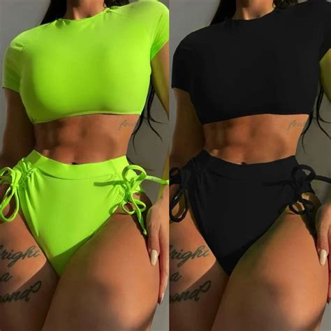 Women High Waist Bikini Set Round Neck Piece Push Up Bathing Suits