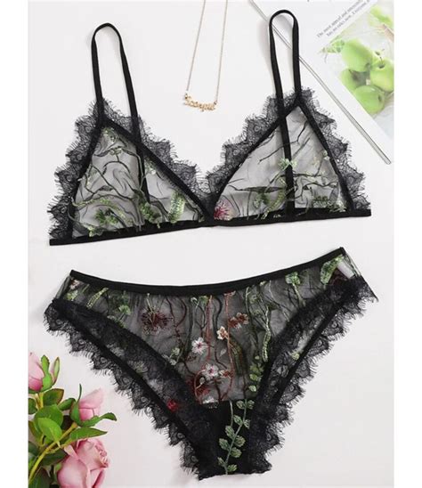 2 Piece Flower Embroidered Sheer Mesh Lingerie Set Bra And Panties