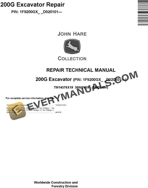 John Deere 200g Excavator Repair Technical Manual Tm14376x19