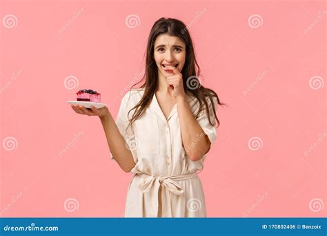 Maybe Just One Bite Tempting And Eager Brunette Woman Want Try Tasty Piece Cake Holding
