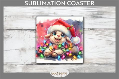 Christmas Lamb V Entangled In Lights Square Coaster Png