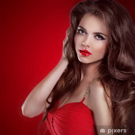 Wall Mural Long Hair Beauty Sexy Cute Girl With Hot Lips Wearing In