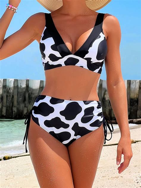 Custom Cow Print Deep V Swimwear Drawstring Side Bikini Unijoy