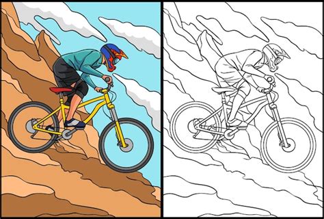 Ciclista de montaña página para colorear ilustración coloreada Vector