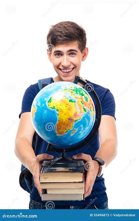 Happy Male Student Holding Books And Globe Stock Image Image Of